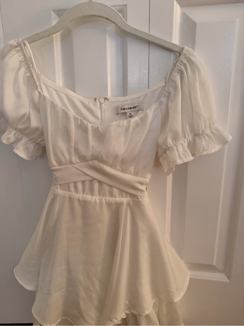 Francesca's Collections Cream Puff-Sleeve Peplum Dress